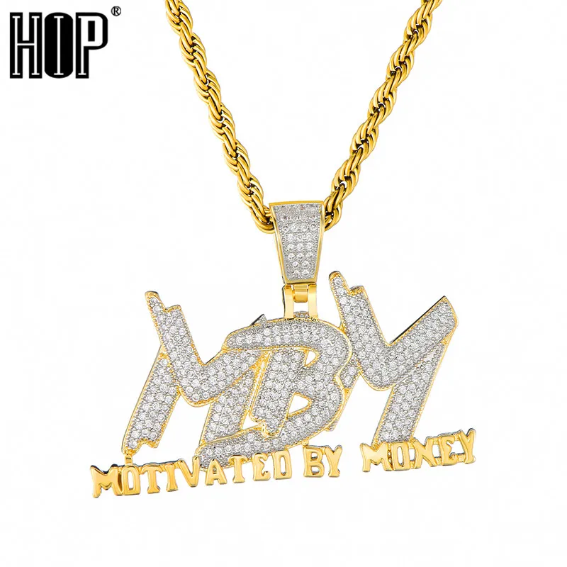 

HIP Hop Gold Color Bling Full AAA+ Cubic Zirconia Iced Motivated By Money Letter Pendants & Necklaces for Men Jewelry