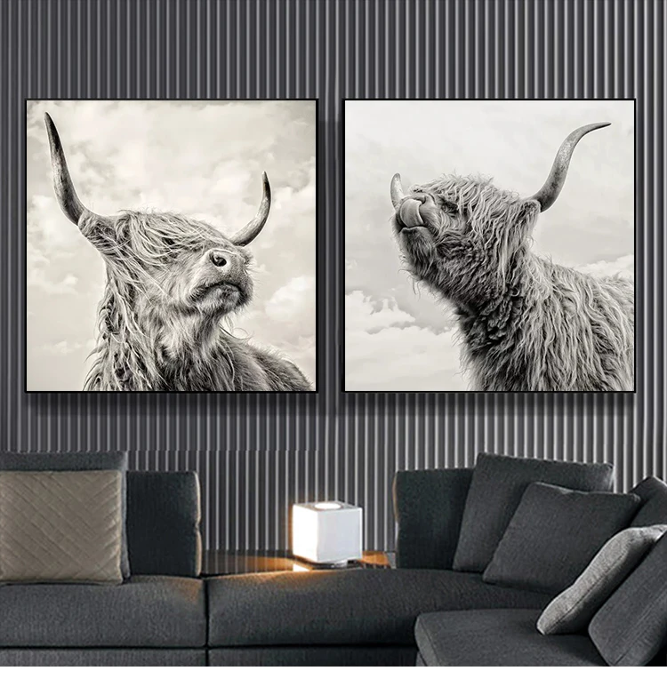 Черный и белый Highland корова дикий картина с рисунком животных Плакаты принты Cuadros