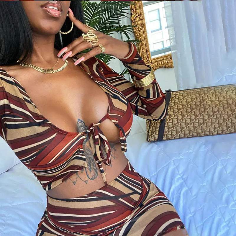 

Sexy See Though 2 Piece Outfits Full Sleeve V-neck Bandage Sling Crop Top Mini Skirt And Top Set Women Party Club Two Piece Set