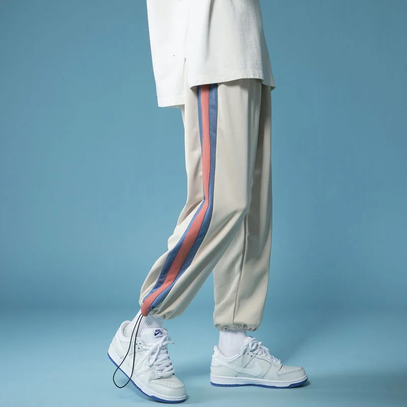 

Новинка лета 2021, модные полосатые повседневные брюки, мужские трендовые универсальные тонкие девять точек, большие свободные спортивные бр...