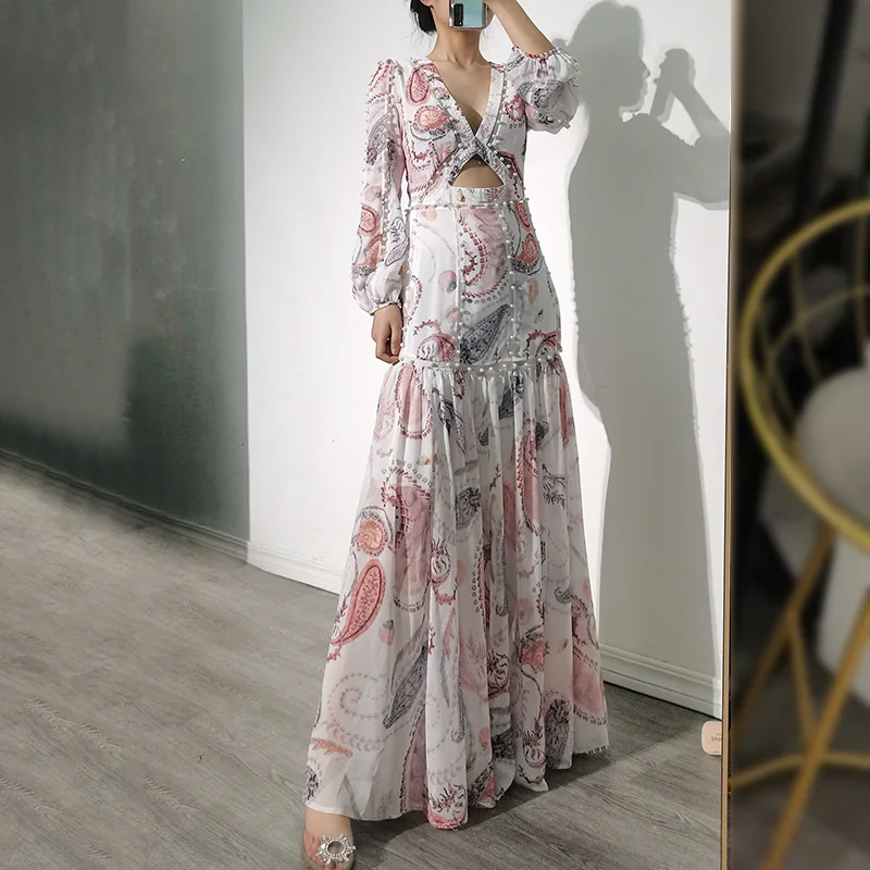 

2021 Summer Printed Dress V-neck High Waist Lantern Sleeve Temperament Commute Elegant Dress Fashion Women's Wear