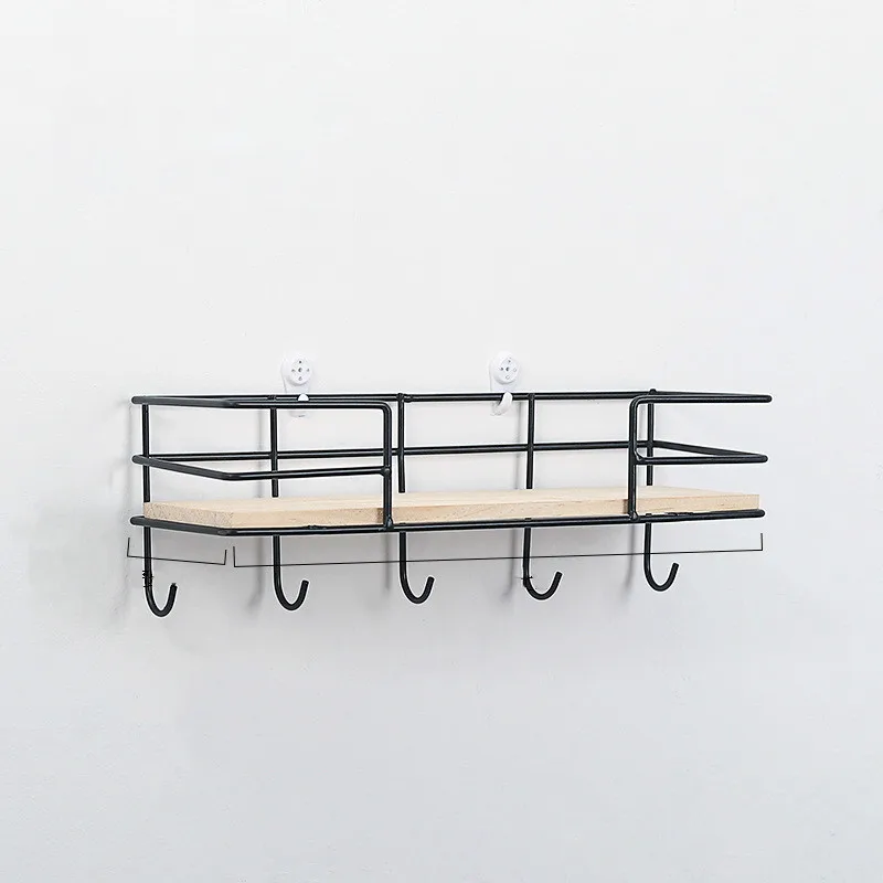 Estante de hierro montado en la pared para el hogar, repisa de almacenamiento con 5 ganchos, ideal para decoraci&oacute;n de sala de estar, toalla o llave-3