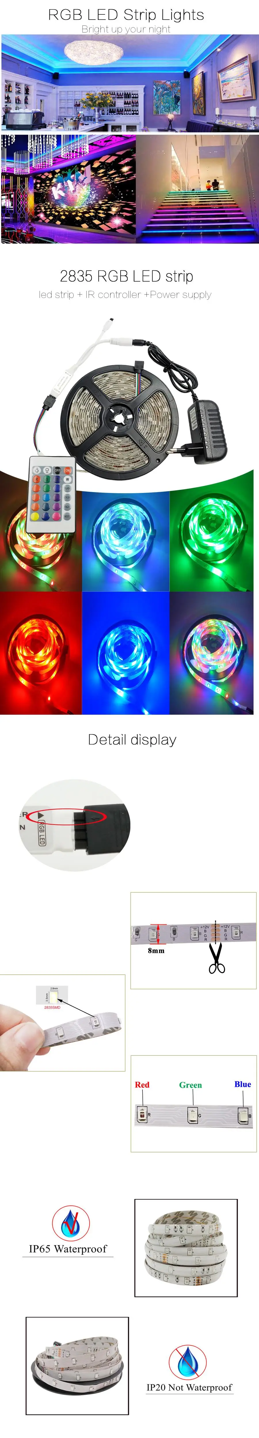 Светодиодный светильник RGB SMD 5050 2835 Светодиодный ленточный 5 м водонепроницаемый светодиодный гибкий диодный светильник ing ленточный контроллер DC 12 В комплект адаптеров