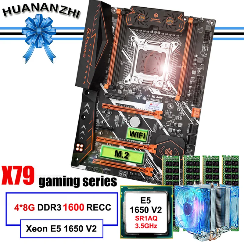 HUANANZHI-placa base X79 Deluxe con ranura M.2, CPU Intel Xeon E5 1650 V2, Enfriador de 32 GB de RAM, 4x8 GB, 1600 REG, ECC