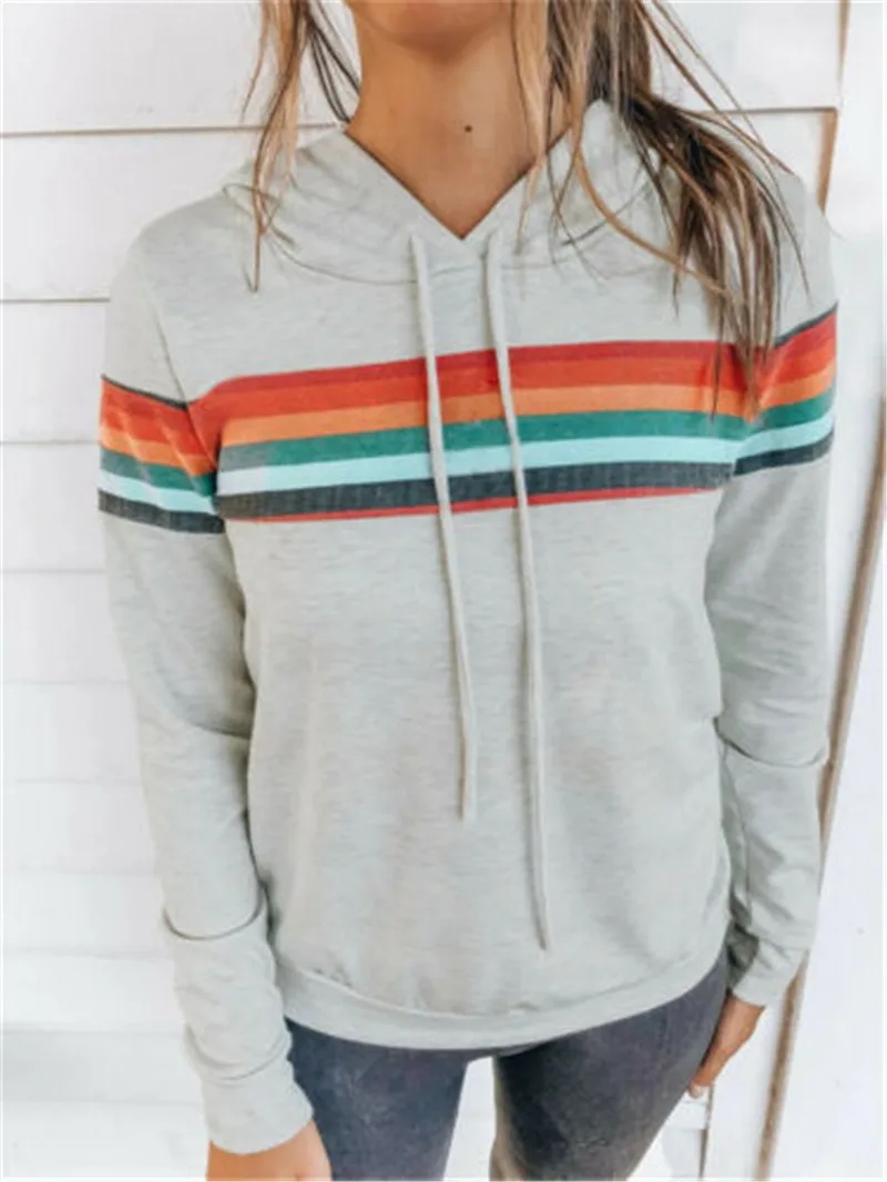 

hirigin new fashion Women Long SLeeve Hoodie Jumper Hooded Pullover Sweatshirts female multicolor female Striped Casual Tops