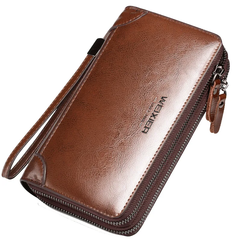 

Brand Genuine Leather Men's Wallet with Zipper Vintage Large Long Male Wristlet Clutch Bag Money Purse Card Holder Coin Pocket