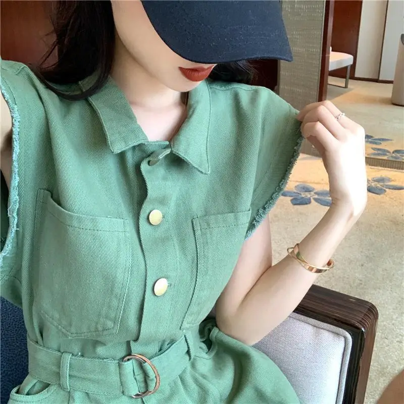 

New Women Solid Single Brested Jumpsuits Y2k Loose High Waist Sashes Sleeveless Green Pink Playsuit Club Casual Bodysuits Indie