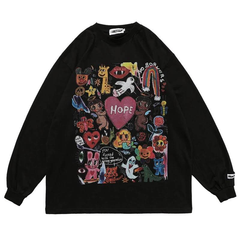 

Men Oversize T Shirt Graffiti graphic Letter Cartoon pattern Print Tshirt Harajuku Cotton Long Sleeve T-Shirt Hip Hop Streetwear