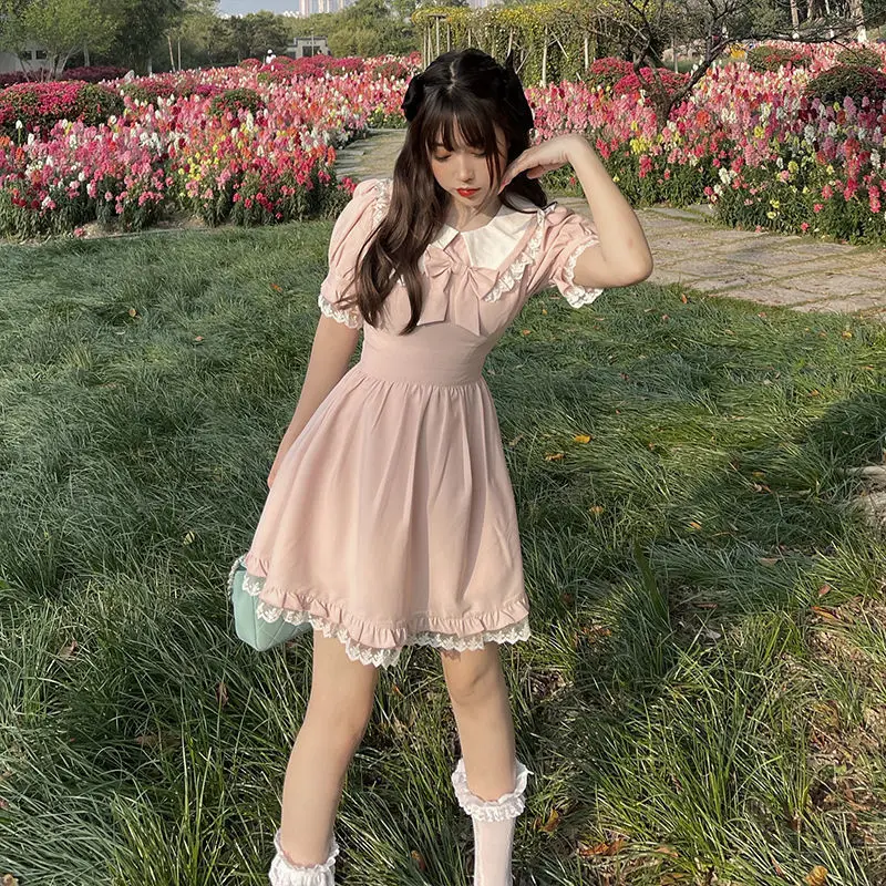 

Japanese Sweet Lolita Dress Women Summer Cute Peter Pan Collar Princess Dress Soft Girl Puff Sleeve Lace Bow Female Mini Dress