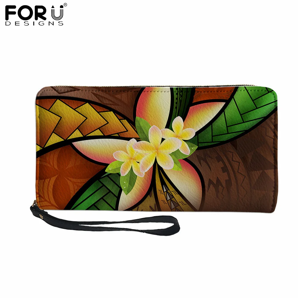 

FORUDESIGNS полинезийские длинные кожаные кошельки с принтом плюмерии для женщин, роскошный Повседневный портативный клатч-кошелек с ремешком н...