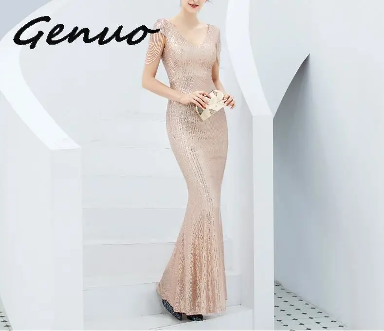 

Luxury Sequined Women Even-ing Dress V Neck Short Sleeve Mermaid Party Gowns Short Sleeve Sexy Robe Femme Elegant Formal Dresses