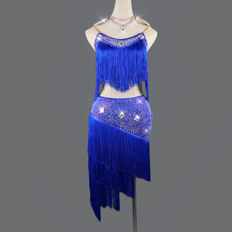 Женское платье для латиноамериканских танцев синий топ и юбка костюм