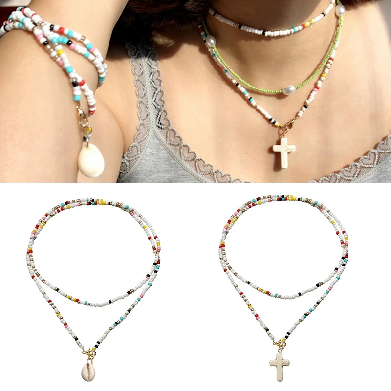 

Ожерелье с разноцветными бусинами, многослойный чокер ручной работы, модное многослойное ожерелье с бусинами, богемное ожерелье с подвеско...