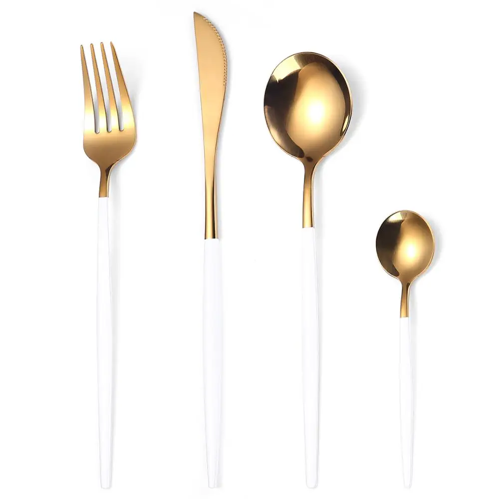 

Gold Black Handle 4 Piece Cutlery Tableware Set 18/10 Stainless Steel Portable Silverware Kits Forks Knives Spoons