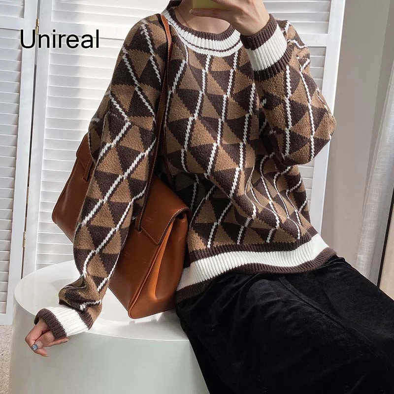 

Unireal 2020 Autumn Winter Women Knitted Sweaters Pullovers Casual Fashion Oversized Plaid Sweater Jumpers