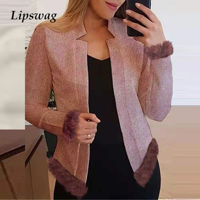 

Casual Hairy Long Sleeve V-Neck Coats Women 2021 Autumn Winter Fashion Loose Outerwear For Female Elegant Solid Cardigan Jackets