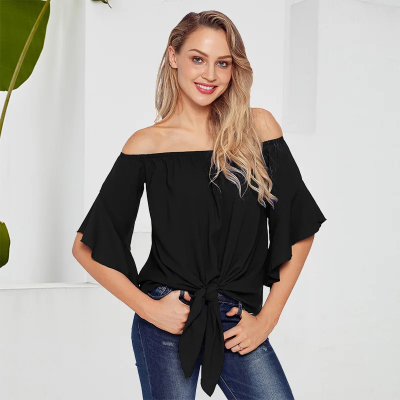 One-line neck chiffon shirt women 2022 summer new style solid color ruffled lace-up blouse women Sexy Streetwear Temperament
