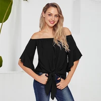 one line neck chiffon shirt women 2022 summer new style solid color ruffled lace up blouse women sexy streetwear temperament