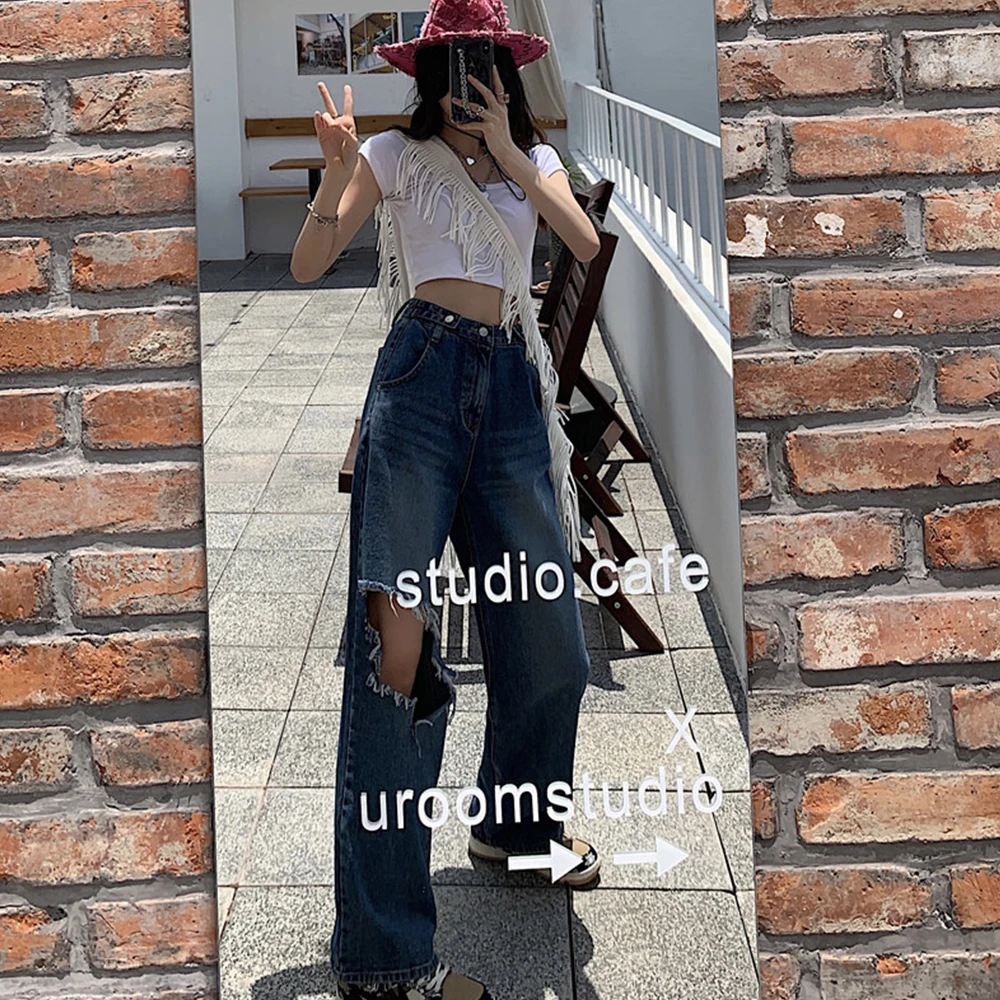 

Dark Icon Big Hole Women Jeans Straight Style Street Fashion Denim Pants for Girl Blue