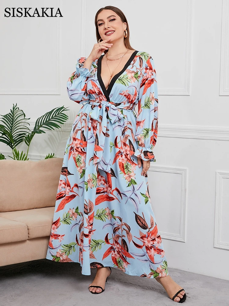 

Siskakia Plus Size Maxi Dress for Women Fashion Blue Print V Neck Long Sleeve Empire Swing Europe and America Arabic Clothes 5XL