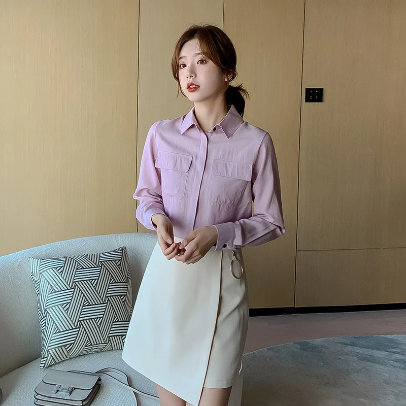 

New 2021 Spring Shirt Women's Blouse Autumn Fashion Long Sleeve Chiffon Shirts elegant Office Blouses Tops Blusas Pockets Roupa