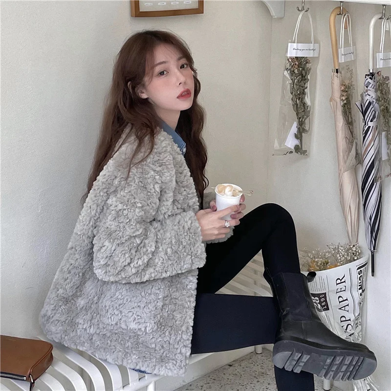 Свободное пальто из искусственного меха и хлопка зимнее мягкое теплое