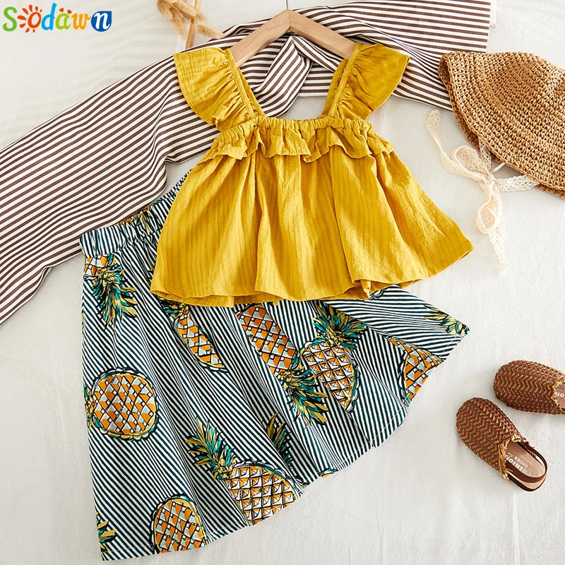yellow Sodawn/летние комплекты одежды для маленьких девочек топ без рукавов с цветочным рисунком+ юбка с фруктовым принтом комплект одежды из 2 предметов для маленьких девочек - Цвет: yellow
