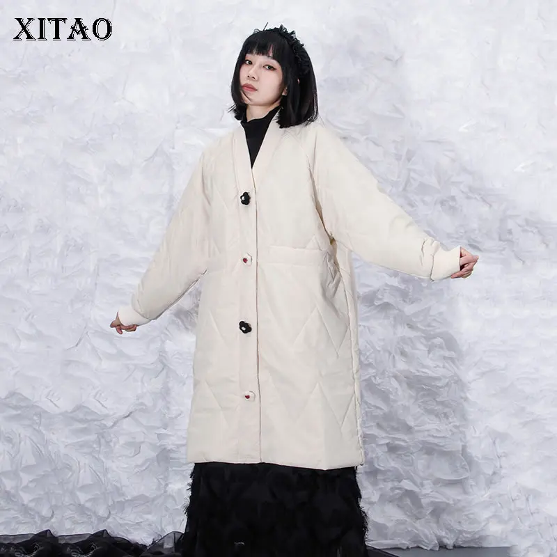 

XITAO, Женская Повседневная парка, однотонная, простая, модная, свободная, большой размер, v-образный вырез, теплая парка, пальто, новинка зимы ...