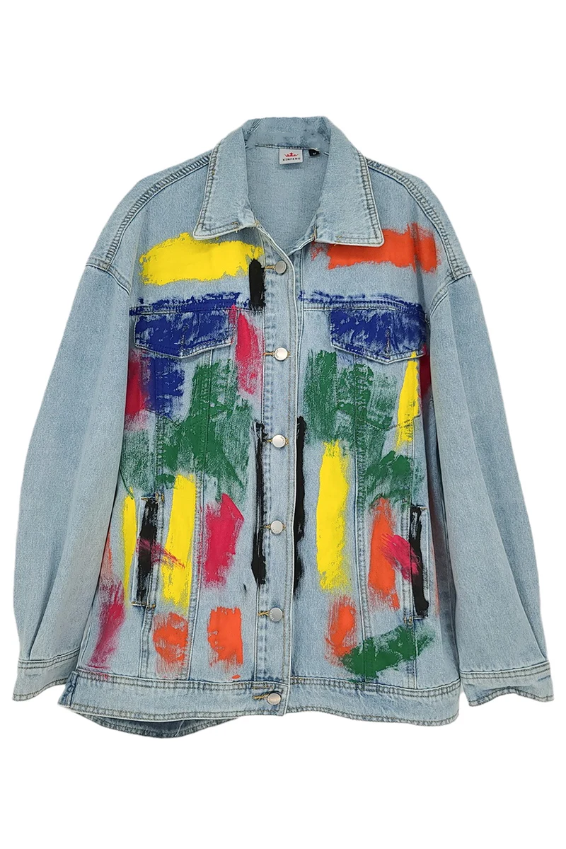 

European Goods Trendy Brand Street Graffiti Ripped Niche Personalized Denim Jacket Large Size Early Spring Long Sleeve BF Style