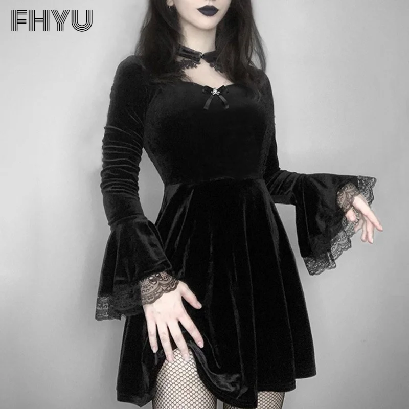 

FHYU Gothic Style Sexy Lace Splicing Black Long Sleeve Dress Women Street Trend Flared Sleeves Slim Ins Skirt Female S~L SY21285