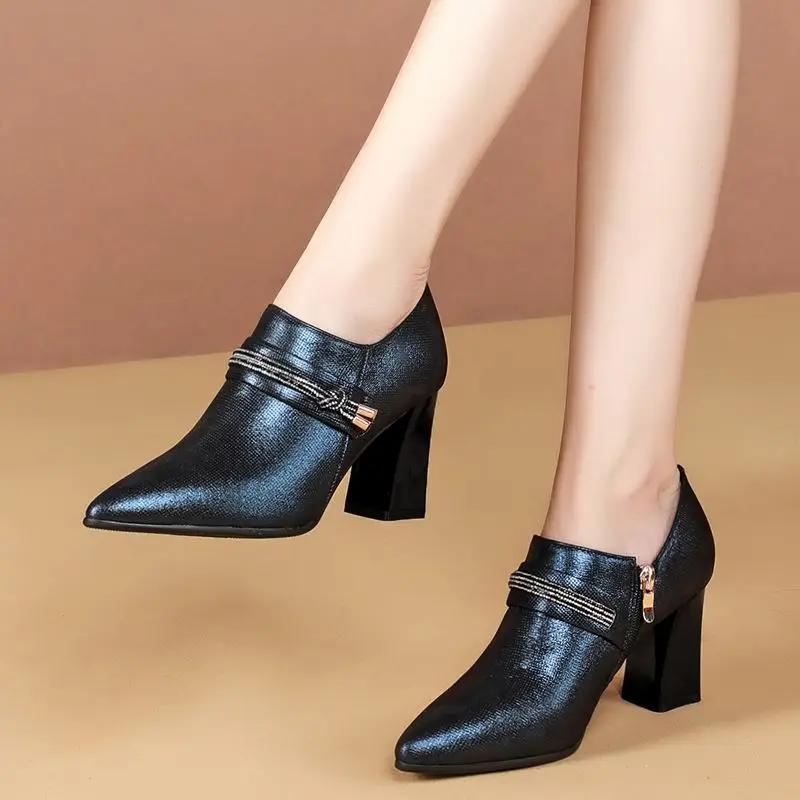 

ALLBITEFO thick heels genuine leather women high heel shoes brand high heels office ladies shoes women heels large size:34-42