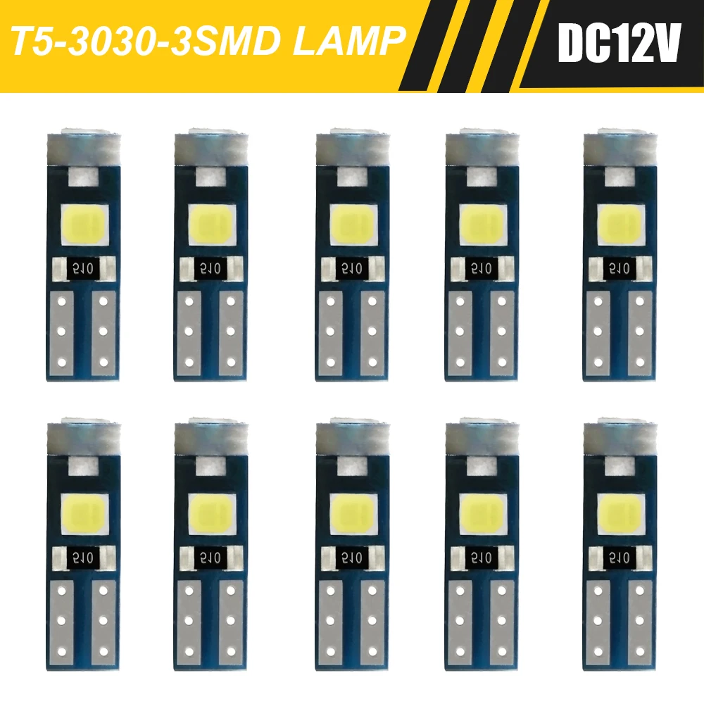 

Светодиодная лампа T5 3 SMD 3030 W3W W1.2W, 10 шт., лампа для приборной панели автомобиля, приборной панели, предупреждающий индикатор, фонасветильник ...