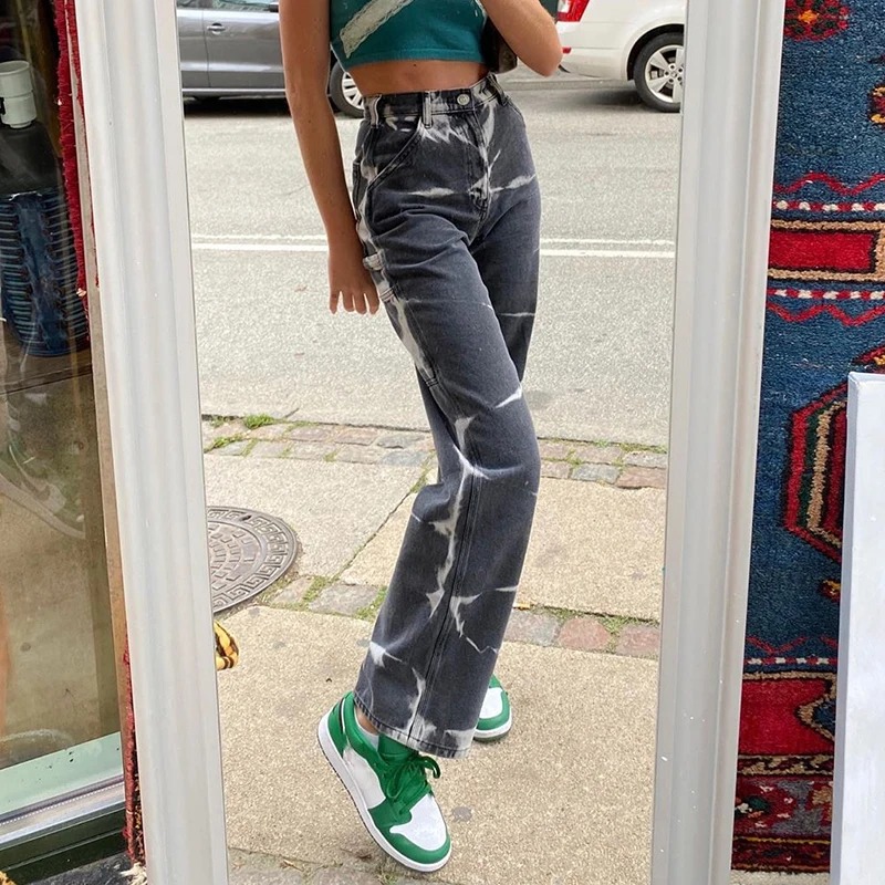 Brown Tie Dye Print Y2k Baggy Mom Jeans Women 2020 Vintage Aesthetic Straight Denim Pants High Waist Gray Trousers Streetwear