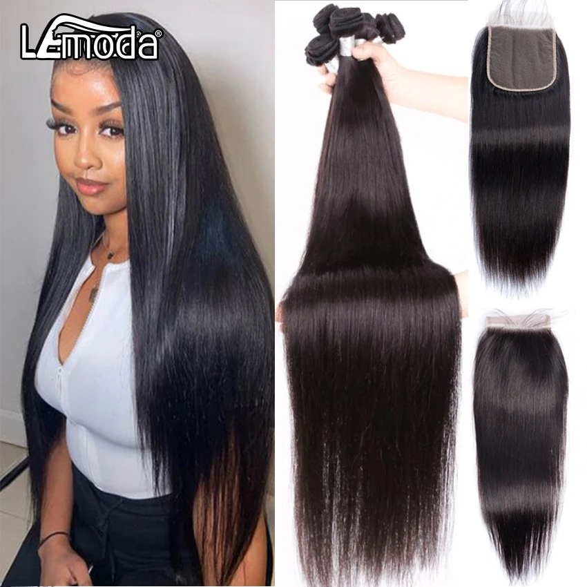Прямые пряди с закрытием BrazilianHuman волосы фронтальной и 1 3 4 волос Плетение 30 дюймов