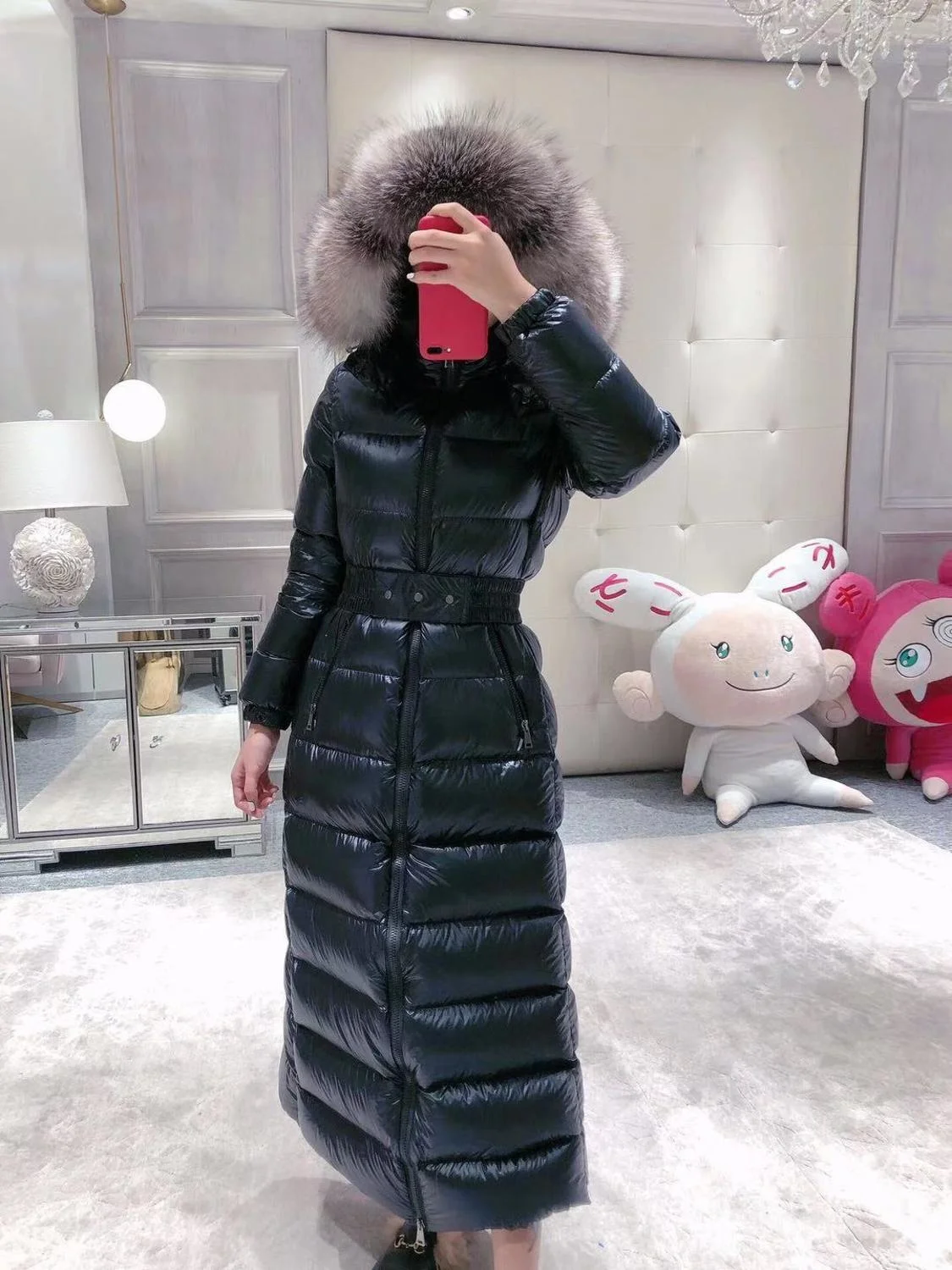 

SHZQ Women's Long Down Jacket with Real Fur Collar and White Duck Down in Winter