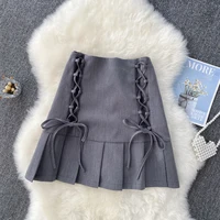 bandage pleated womens mini skirts with lining autumn high waist short skirt for women solid black elegant office ladies bottom