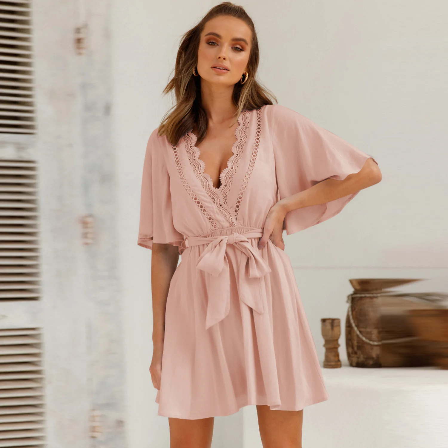 

Fashion Women's Dress Summer Hot Sale Casual V-neck Pullover Solid Color Lace Stitching Sexy Waist Short-sleeved Dress Donsignet