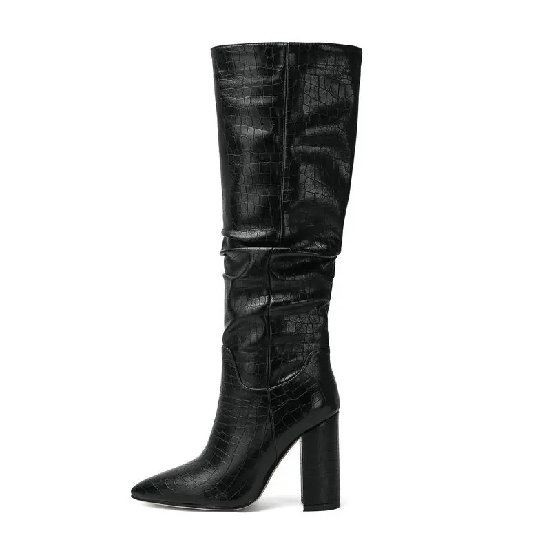 Женские Плиссированные высокие сапоги до колена с острым носком на высоком