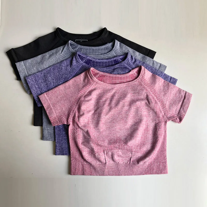 Женская бесшовная рубашка для йоги с коротким рукавом базовая Укороченная