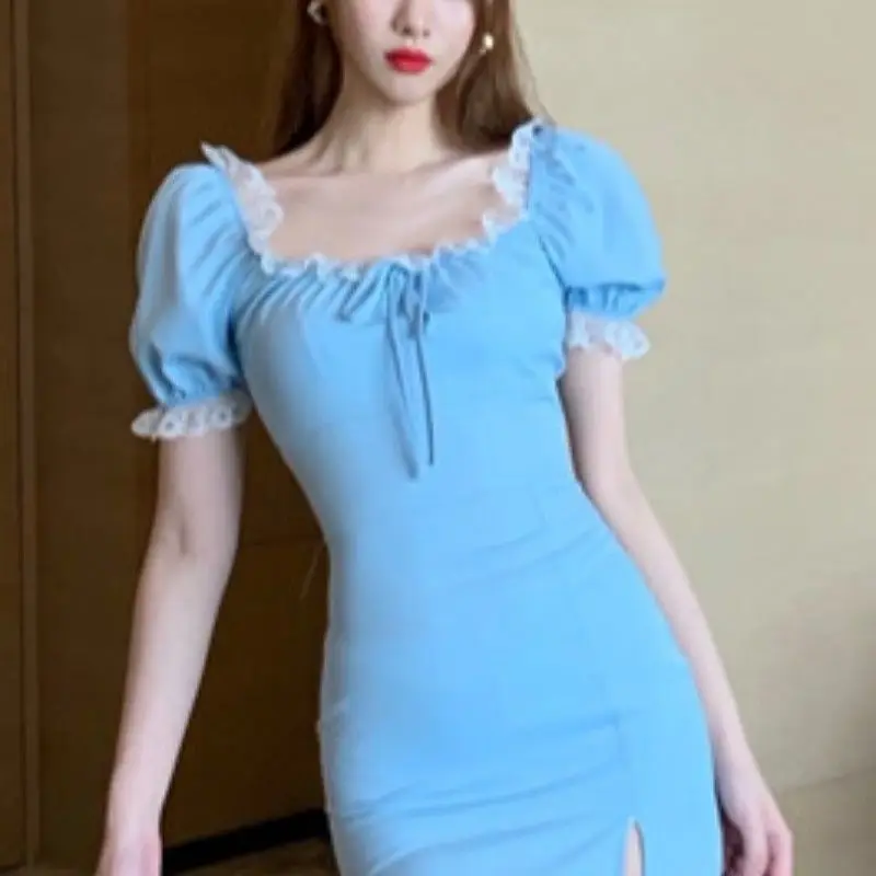 

French Retro Blue Dress 2021 summer new lace patchwork square neck bubble sleeve buttock dress
