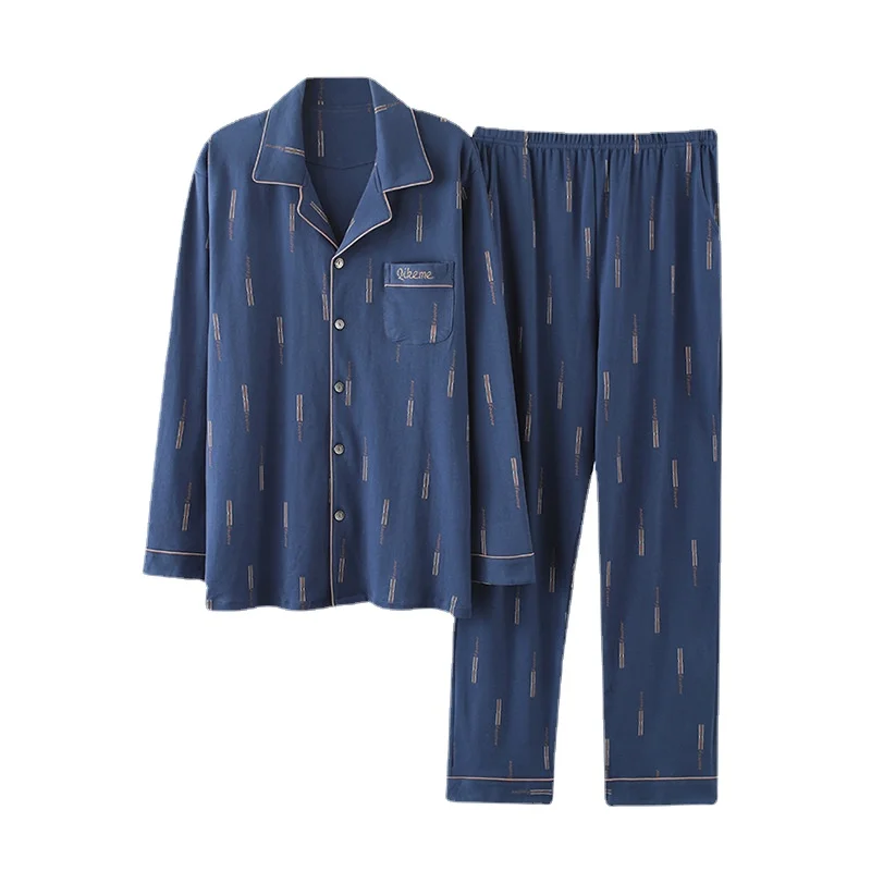 Men's pajamas spring and autumn long-sleeved large size thin pajamas middle-aged plaid home service set large size 4XL