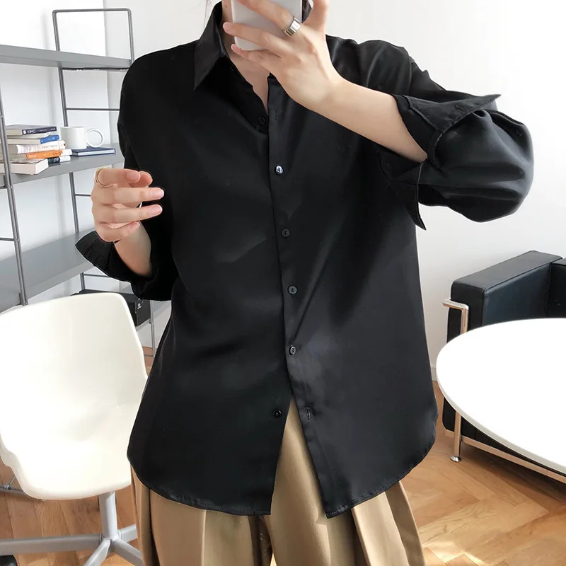 

Spring New Fashion Imitation Acetate Satin Shirt Elegant Office Lady Tops Gloss Drape Shirt Women's Blouse 2021