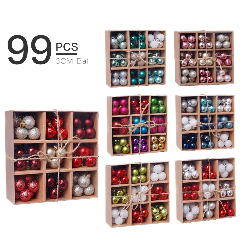 

99pcs/Box 3cm Merry Christmas Plastic Hanging Assorted Ball Set Xmas Tree Ornament Pendant Gift Party Home Navidad New YearDecor