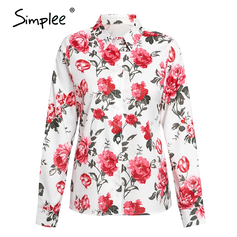 Simplee Floral print women blouse shirt Vintage long sleeve female top Streetwear v-neck plus size office ladies | Женская одежда