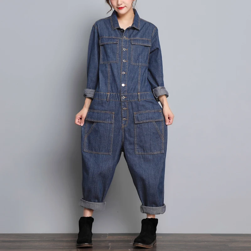 Women Denim Overalls HipHop Cowboy Workwear Jumpsuit Long sleeve Streetwear Multi Pockets Coveralls Jean outwear Romper clothing