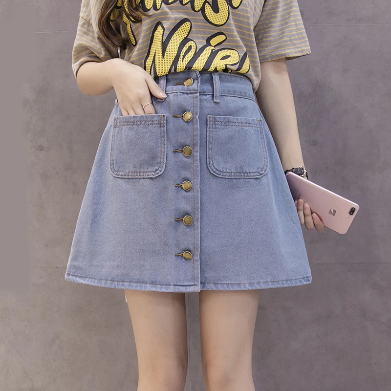 Женская джинсовая мини-юбка Zoki, модная летняя Корейская однобортная джинсовая юбка с высокой талией, повседневные трапециевидные женские ю... от AliExpress WW