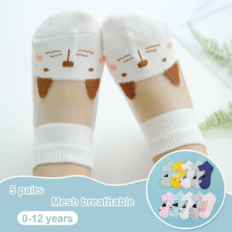 

5Pair/Lot Kids Socks Boy Girl Cartoon Cute Design Mesh Breathable Sweat-absorbent Elastic Short Sox Baby Socks for 1-12 years