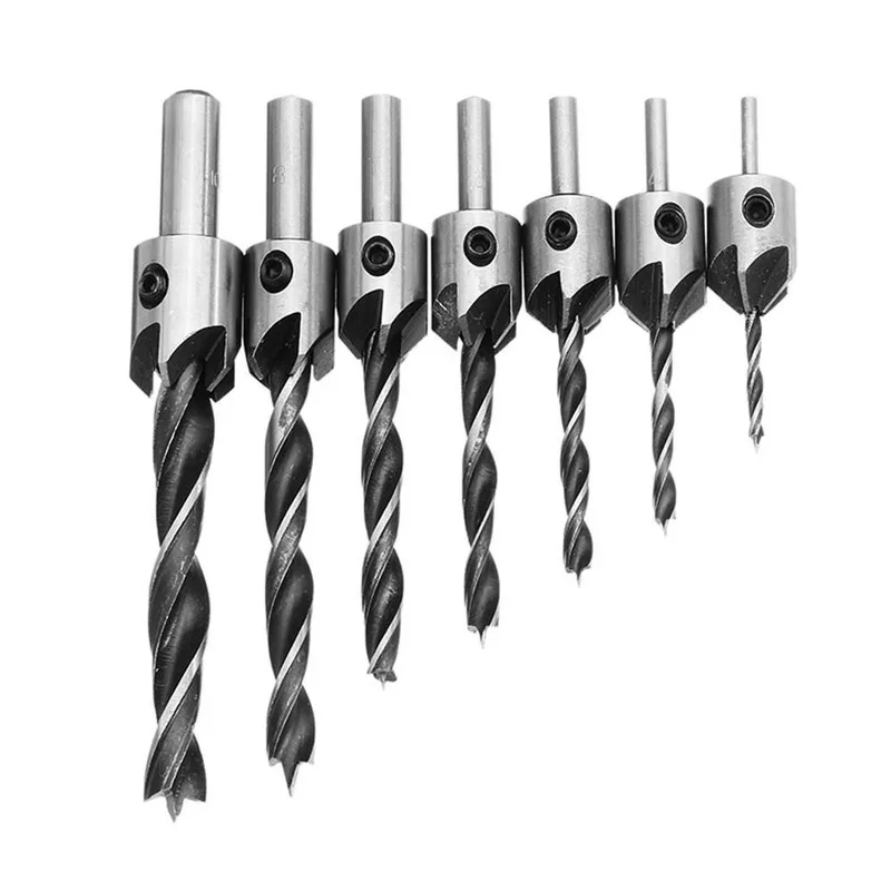 7 pieces of high speed steel 5 slot wood countersunk drill set woodworking 3-10mm chamfering machine directional bit | Инструменты