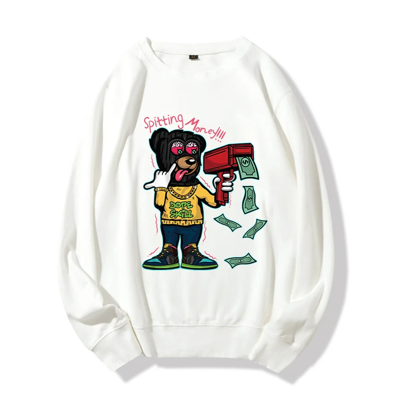 

2021 Hot Sale Streetwear Sweatshirt Women Cartoon Bear Banknote Gun Crewneck Sweatshirt Fashion Womens Hoodies Sweatshirts
