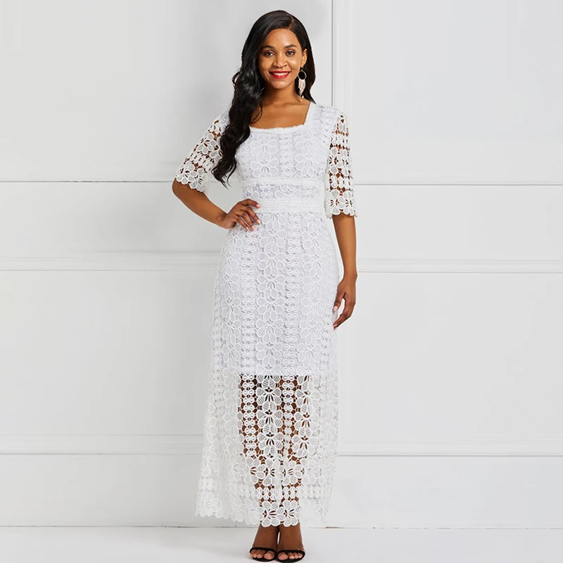 Sisjuly Кружева Вечернее Сексуальное Длинное Платье Элегантный Женщины Белый Халат